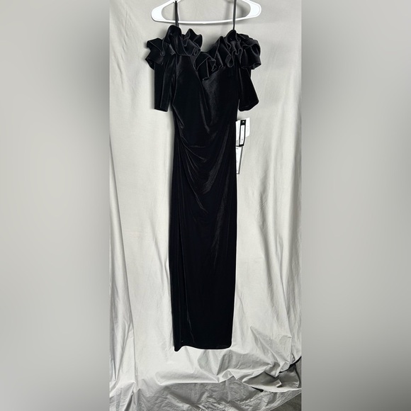 Xscape “TIFFANY" LONG VELVET 3/4 SLEEVE RUFFLE TOP DRESS - Picture 3 of 7